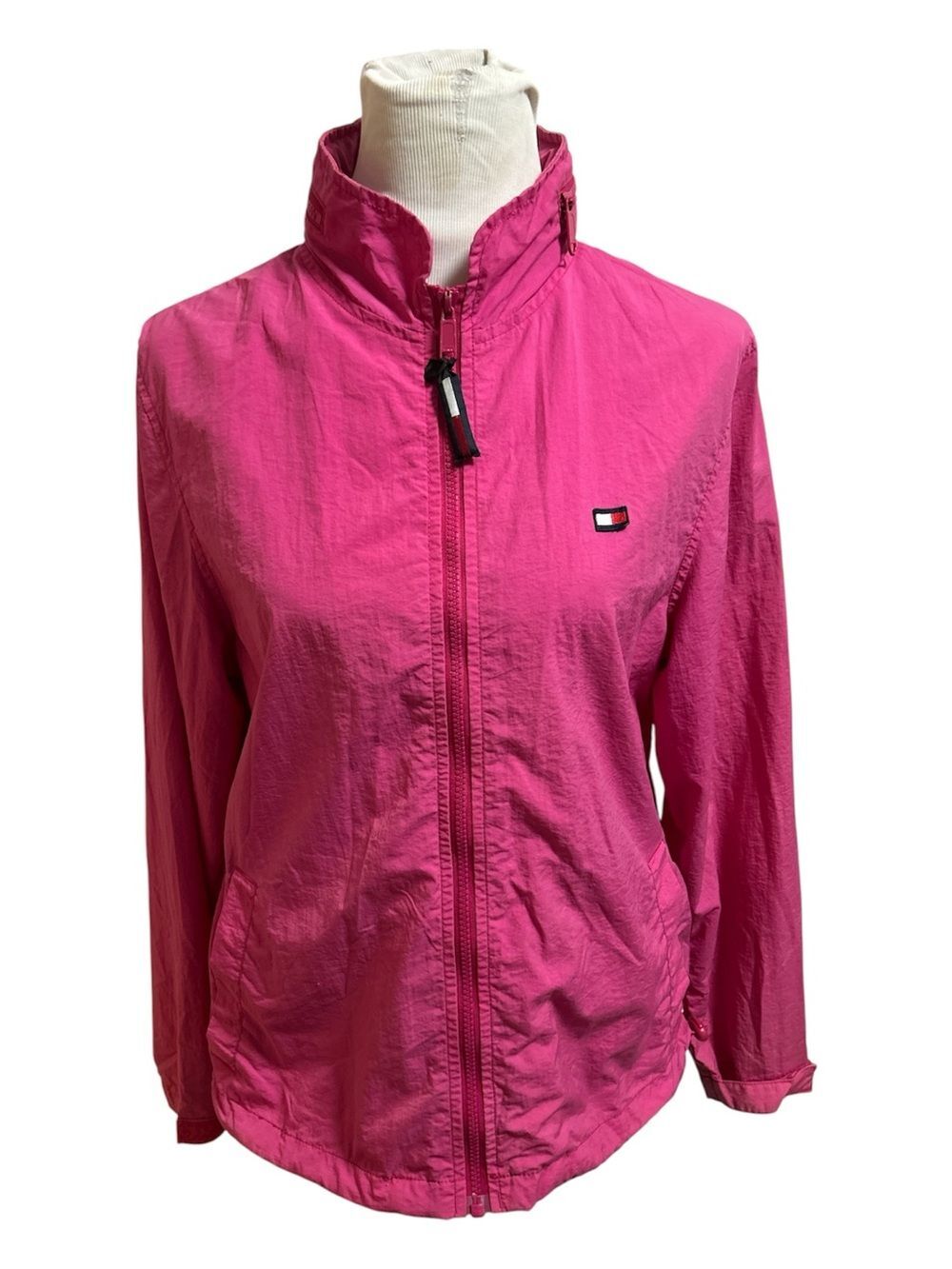 Tommy Hilfiger Vtg  Y2K Pink Lightweight  Windbreaker Jacket packable Hood Large
